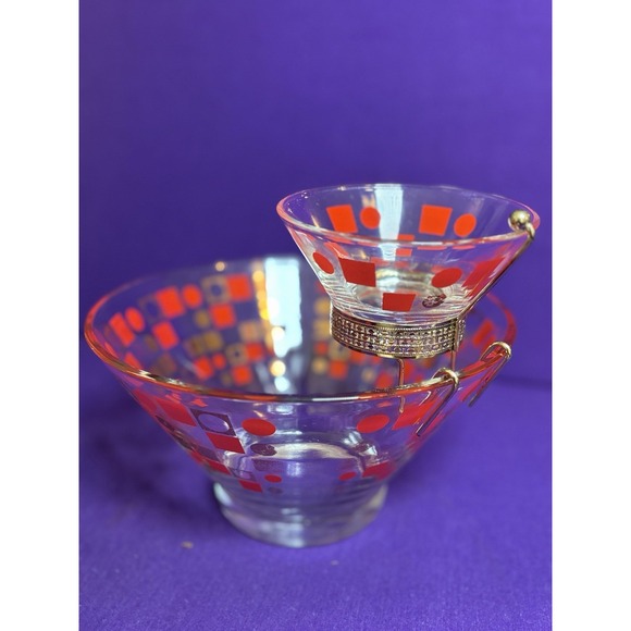 MCM Vtg Anchor Hocking 2 Tier Chip and Dip Bowl Set Geometric Red Gold - Picture 4 of 8